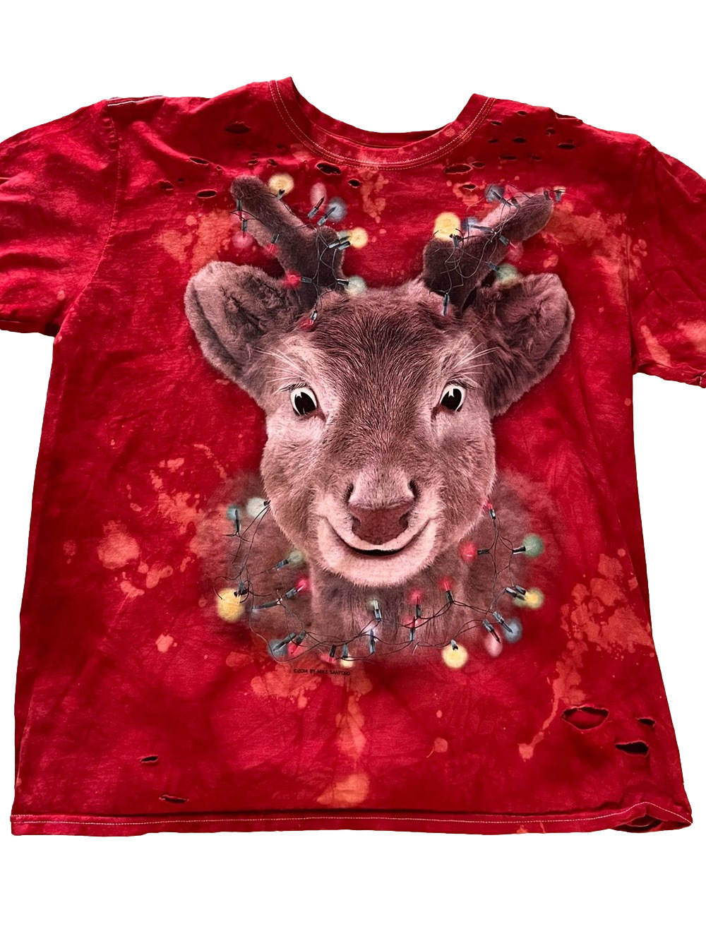 Christmas Reindeer Unisex Red Upcycled Bleached Reworked T-Shirt - Size XL